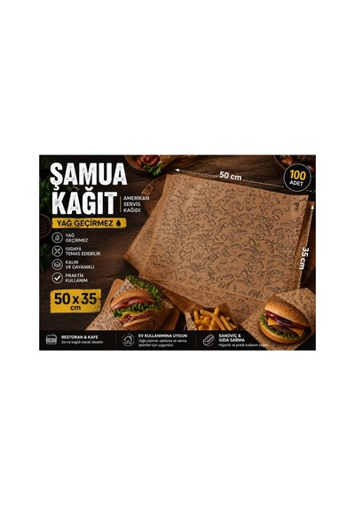 Şamua Kağıt 50x35 Cm 100 Adet Yağ Geçirmez Servis Kağıdı Gıdaya Temas Uygun Sandviç Ve Hamburger Servis Kağıdı