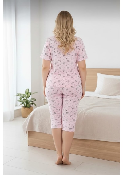 Eyfuze Kadın Büyük Beden Kısa Kollu Kapri Bambu Pijama Takımı Açık Pembe