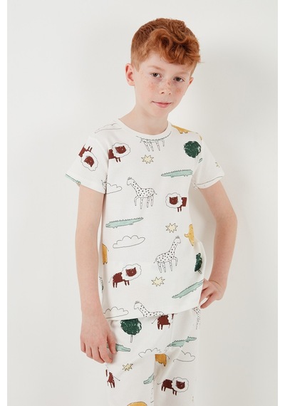 Lela Desenli % 100 Pamuk Bisiklet Yaka Erkek Çocuk Pijama Takımı 6651001 Ekru-Hardal