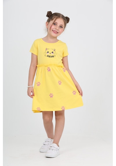 Toontoy Kids Toontoy Kız Çocuk Kedi Baskılı Elbise Koyu Sarı