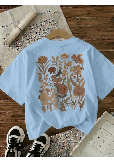 Retro Botanik Sırt Baskılı Çiçek Desenli Premium Kadın Oversize T-shirt Turkuaz