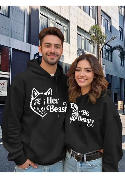 Nevermind Sevgili Çift Kombin Hoodie Set His Beauty Her Beast Baskılı Unise Siyah