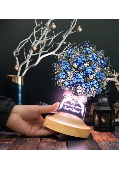 Mavi Unutma Beni Çiçek Buketi Led Lamba, İsme Özel Solmayan Çiçek Sevgililer Günü Ve Yıldönümü Hediyesi Unutma Beni Buketi