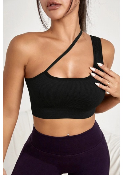 Moda Dua Kadın Siyah Tek Omuzlu Çapraz Askılı Crop Top Büstiyer