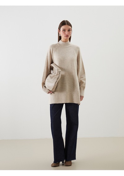 Lcw Modest Ekru Dik Yaka Oversize Kadın Triko Tunik