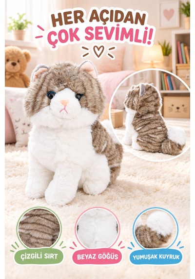 23 Cm Gri Peluş Kedi Oyuncak Yumuşak Sevimli Kedi Figürlü Çocuk Oyuncağı Doğum Günü Hediyesi Seti Çok Renkli