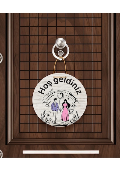 Gül Desenli Kalp Figürlü "evimize Neşe Getirdiniz" Kapı Süsü 22.5 Cm Mdf Halat Askılı Çok Renkli