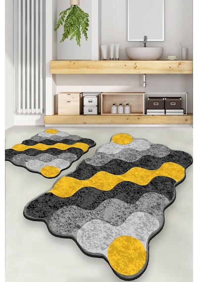 Chilai Home Circle Sarı 2'li Set Banyo Halısı Djt Yıkanabilir Kaymaz Taban Paspas Klozet Takımı Sarı