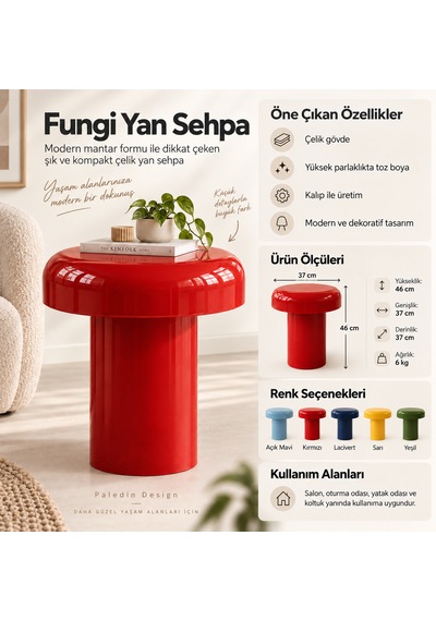 Paledin Design Mantar Çelik Yan Sehpa Yuvarlak Koltuk Yanı Sehpası 37x37x46 Cm Açık Mavi Modern Tasarım Yeşil