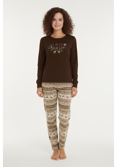 Luxury Thermal Season Geyik Desenli Kadın Polar Kışlık Pijama Takımı 42059 Kahverengi