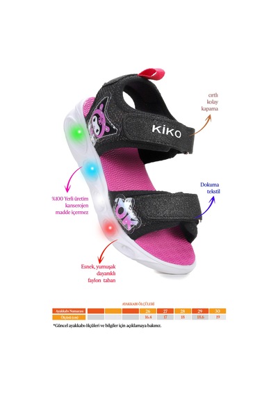 Kiko Kids Kuruza Günlük Işıklı Cırtlı Kız Çocuk Sandalet Ayakkabı Siyah
