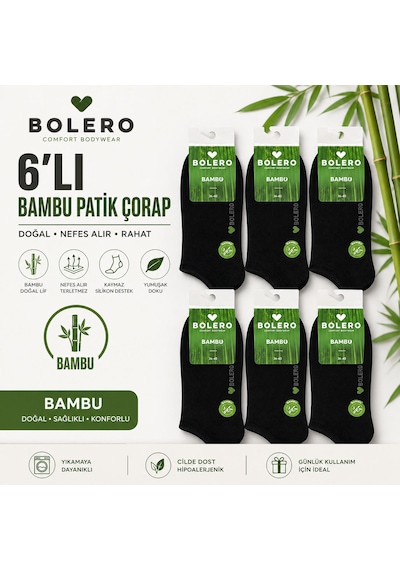 Bolero Kadın Bambu Patik Çorap 6 Lı Konforlu Ve Dayanıklı Paket Siyah