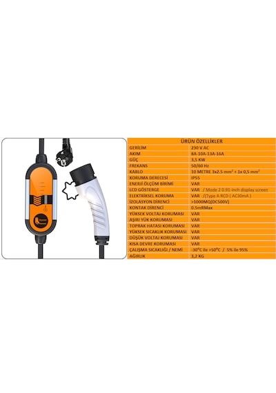 Feyree 10 Metre Ev Prizi 3.5 Kw Elektrikli Araç Taşınabilir Şarj Cihazı Tip-2 Mod 2