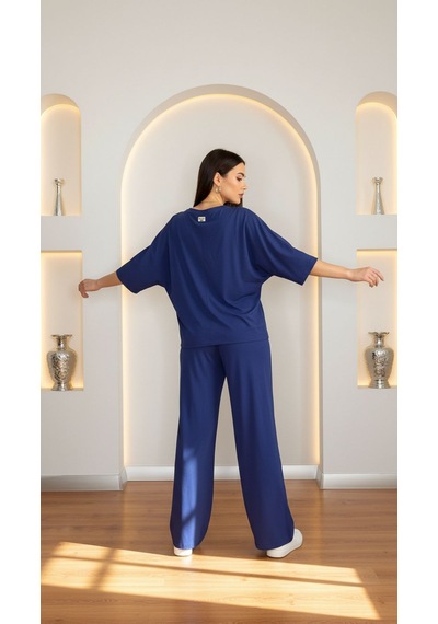 Divinus Bol Kesim V Yaka Yarım Kollu Pijama Takımı Lacivert