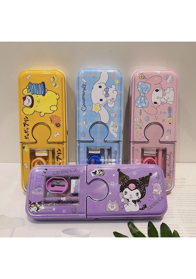 Kawaii Sanrio Kuromi Metal Kalem Kutusu Kırtasiye Seti Cinnamoroll Kuromi Kalemlik Hediye Seti Mor