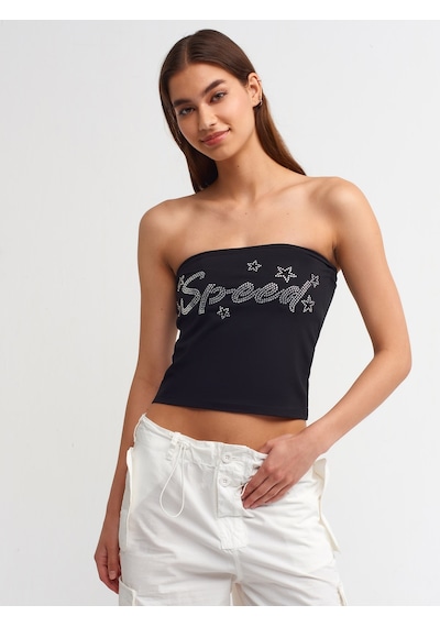 Dilvin Taş Baskılı Crop Top 101a20668 Siyah