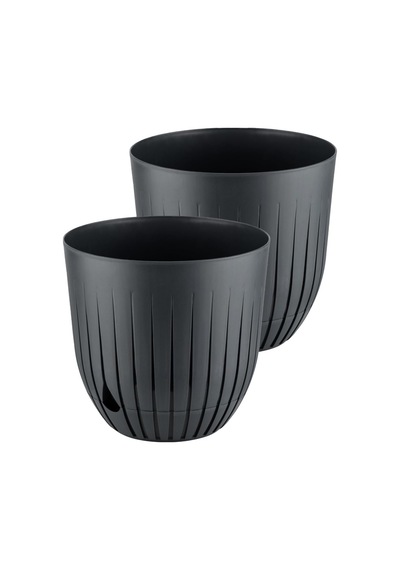 Çizgi Saksı Plastik Delikli Tabaklı Çiçek Saksısı 2 Adet, Antrasit, 10 Litre Diğer