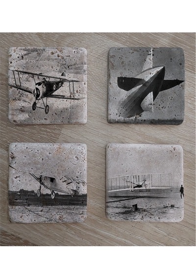 Siyah Beyaz Zeplin Ve Eski Uçaklar Doğal Taş Bardak Altlığı 4'lü Set - Natural Stone Coasters - Taş Beyaz - Siyah