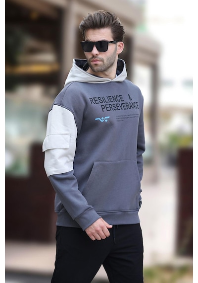 Madmext Füme Kapüşonlu Cep Detaylı Baskılı Erkek Sweatshirt 7058-füme Füme