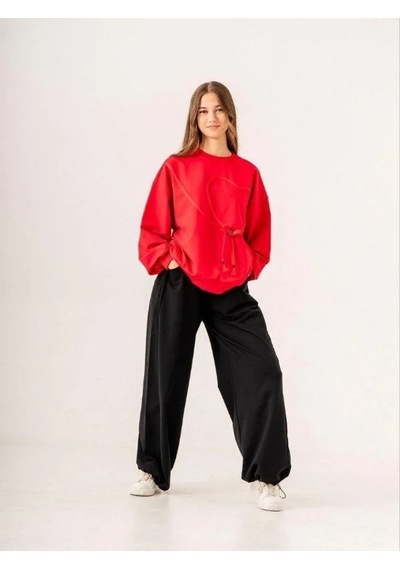 Kız Çocuk Ekstrafor Kalp Detaylı Tasarım Sweatshirt-14225 Kırmızı