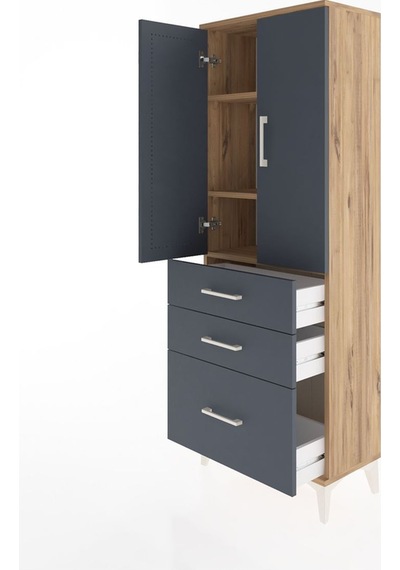 Arges Dolap 3 Raflı Tek Çekmeceli 4 Kapaklı 60x30x163 Aytaşı-antrasit Atlas Çam