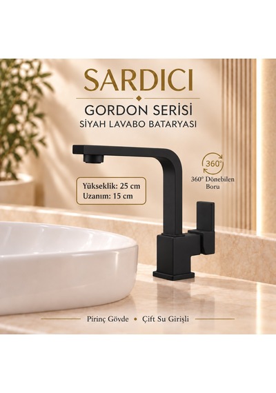 Sardıcı Gordon Mat Siyah 3 Lü Mutfak Lavabo Banyo Batarya Seti Dirsek Takımı Dahil