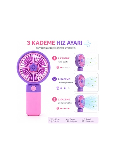 Talky Şarjlı Mini El Fanı Usb Taşınabilir Sessiz Masaüstü Vantilatör 3 Kademe Soğutucu Pervane Multicolor Karı