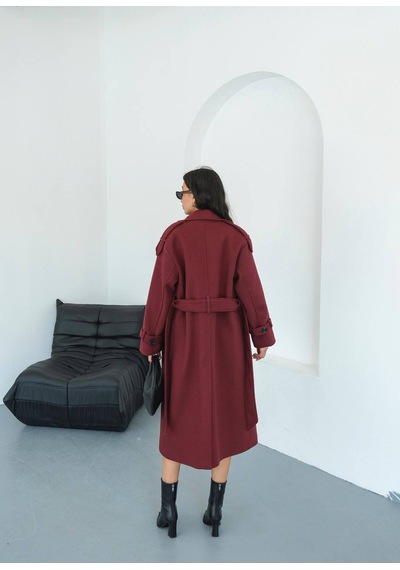 Zeynep Öykü Style Kadın Ovirseze Kaşe Kaban Bordo