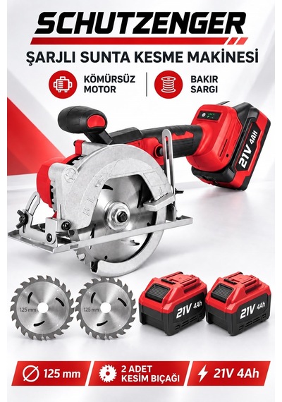 21v Şarjlı Sunta Kesme Makinesi 125mm Kömürsüz Motor Bakır Sargı Çift Akülü Kırmızı Ps102