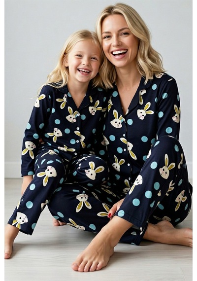 Siyah İnci Lacivert Pamuklu Düğmeli Pijama Takım