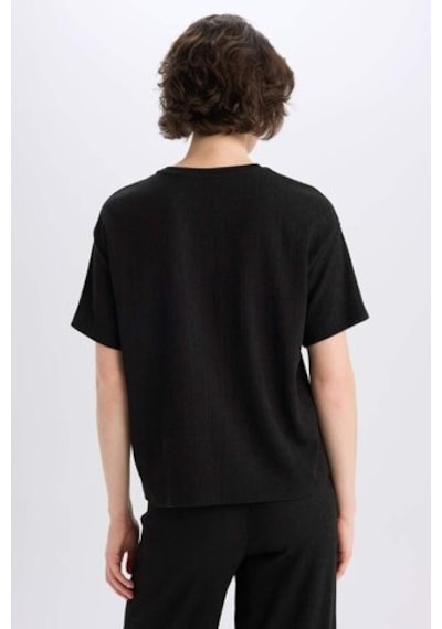 DeFacto Relax Fit Bisiklet Yaka Basic Düz Bürümcük Kısa Kollu Siyah Tişört C3843AX25SPBK81 Siyah