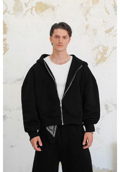 Siyah Cozy Basic Tam Fermuar Oversize Sweatshirt Siyah