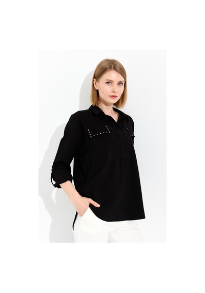 Desen Triko Kadın Polo Yaka Cepli Bluz Siyah Siyah Desen Triko Kadın Polo Yaka Cepli Bluz Siyah Siyah