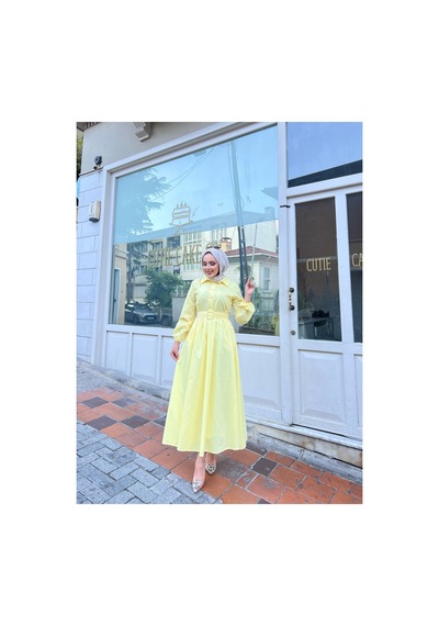 Riella Butik Gömlek Yakalı Tesettür Elbise-sarı