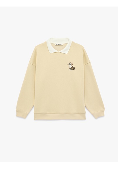 Koton Rahat Kalıp Kedi Nakışlı Uzun Kollu Polo Yaka Sweatshirt Bej 6sal10426ık Ekru