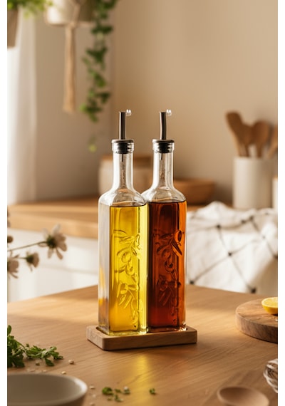 Snippy Safir - 2'li Ahşap Standlı Cam Zeytinyağı Sıvıyağ Şişesi Yağdanlık Damlatmaz Yağlık Sirkelik Soft 500ml Ahşap