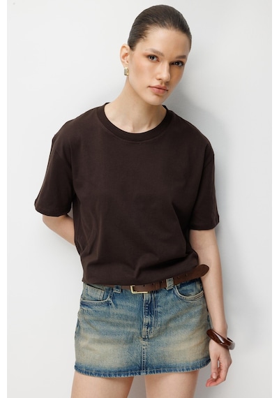Mixray 4851 Kadın Oversize Fit Bisiklet Yaka Basic T-shirt Kahve Kahverengi