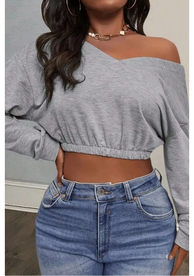 Tarz Cool Kadın Omuz Dekolteli Lastikli Crop Sweatshirt %100 Pamuk Gri