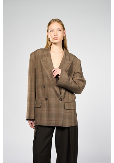 Kadın Kahverengi Ekoseli Oversize Blazer Kahverengi