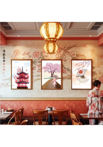 Besay Japon Esintisi Kafe, Salon Ve Restoran Duvar Dekorasyonu Geleneksel Sakura Ve Asya Temalı Poster 3'lü Set A4 Çerçev