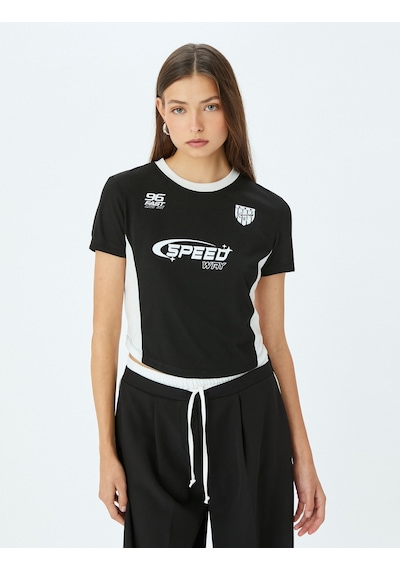Koton Bisiklet Yaka Slogan Baskılı Biyeli Kısa Kollu Slim Fit Tişört Siyah 5sal10086ık Siyah