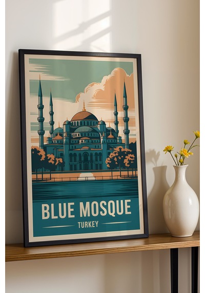 İstanbul Blue Mosque Tablo - Sultanahmet Camii Retro Poster - Şehir Serisi - Çerçeveli Duvar Dekoru Siyah