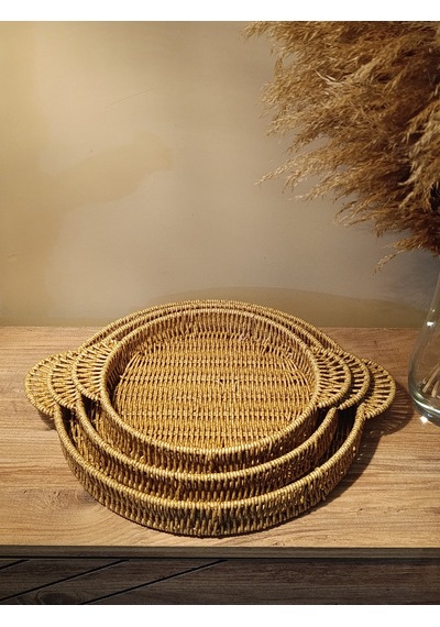 3 Boy Hasır Rattan Örme Tepsi Bambu Kulplu Diğer