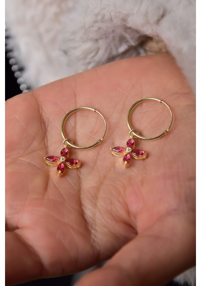 Papatya Silver 925 Ayar Gümüş Gold Kaplama Fuşya Zirkon Taşlı Plumeria Halka Küpe