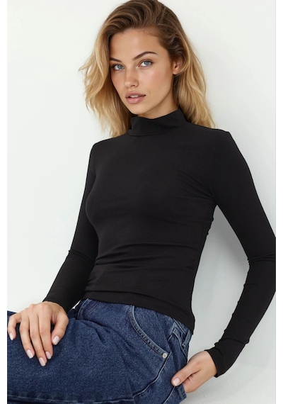 Hiccup Slim Fit Turtleneck Uzun Kollu Yumuşak Viskon Üst Siyah