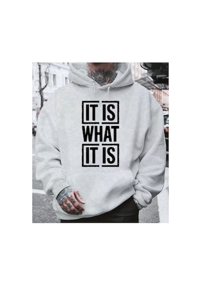 Herkesemoda İt's What Baskılı Kapşonlu Gri Sweatshirt Gri