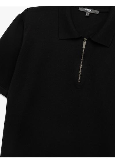 Koton Viskon Regular Fit Polo Yaka Yarım Fermuarlı Kısa Kollu Triko Tişört Siyah 6wam70011ht Siyah