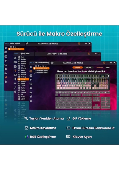Aula F108 Pro Ekranlı Mekanik Klavye Graywood V3 Switch Rgb Hot Swap 8000mah Makrolu Oyuncu Klavyesi Gradyan Pembe