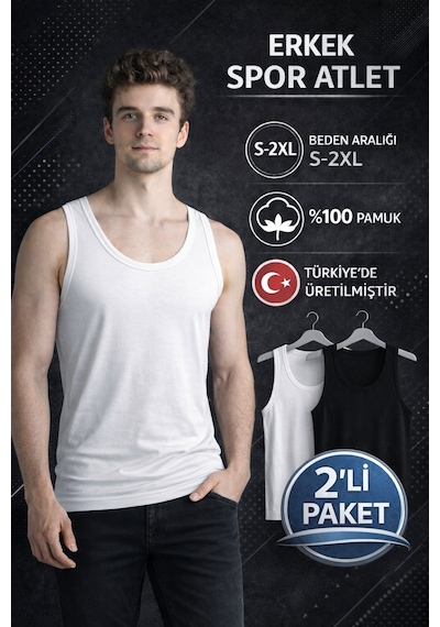 Mercan 2'li %100 Pamuk Spor Kesim Rambo Atlet - Siyah & Beyaz Çok Renkli