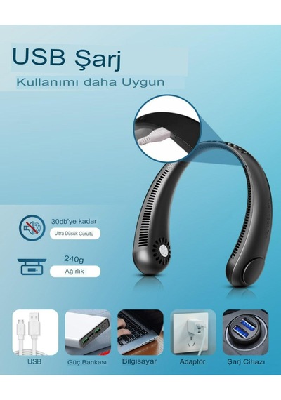 4000 Mah Şarjlı Boyun Askılı Kanatsız Vantilatör 3 Kademeli Sessiz Fan